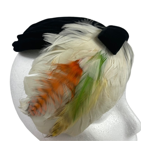 Vintage Flapper Casque Pheasant Feather Black Velvet Hat Cap Lace Lined La Vogue main image 6